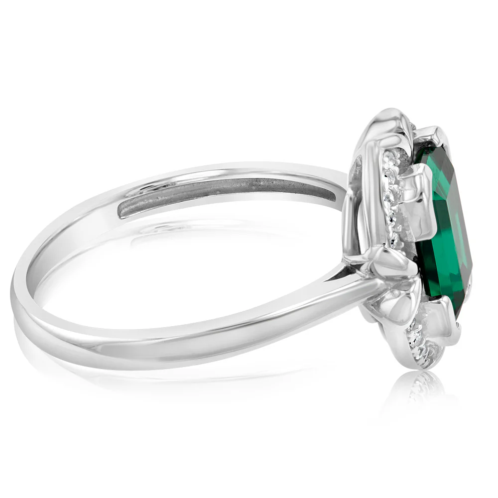 Sterling Silver Rhodium Plated Emerald And Cubic Zirconia Ring - Image 2