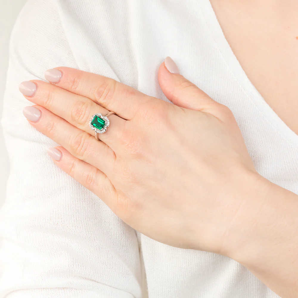 Sterling Silver Rhodium Plated Emerald And Cubic Zirconia Ring - Image 3