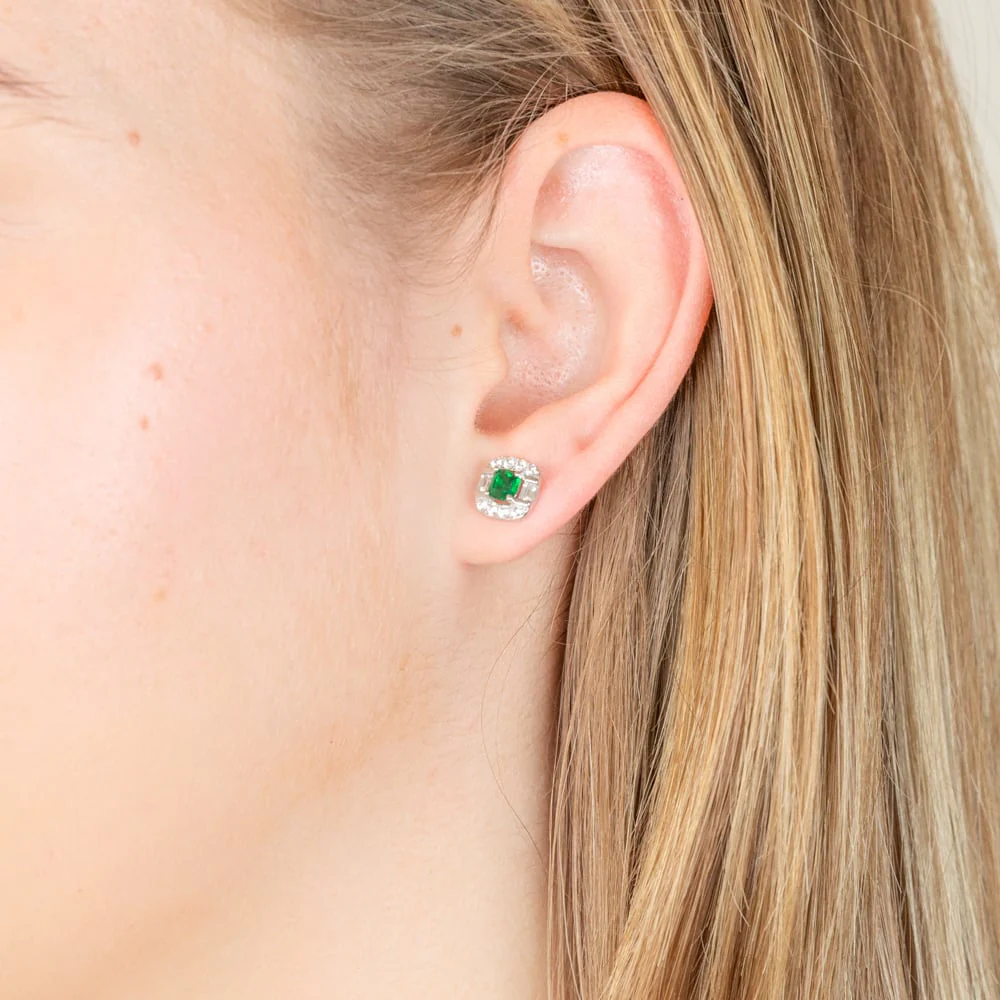 Sterling Silver Rhodium Plated Emerald And White Cubic Zirconia Stud Earrings - Image 2