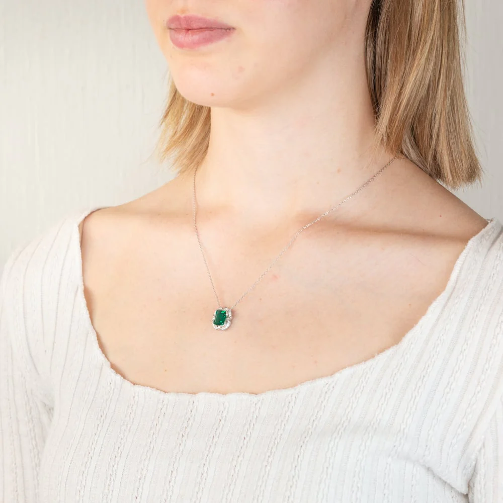 Sterling Silver Rhodium Plated Emerald And White CZ Pendant With 45cm Chain - Image 2
