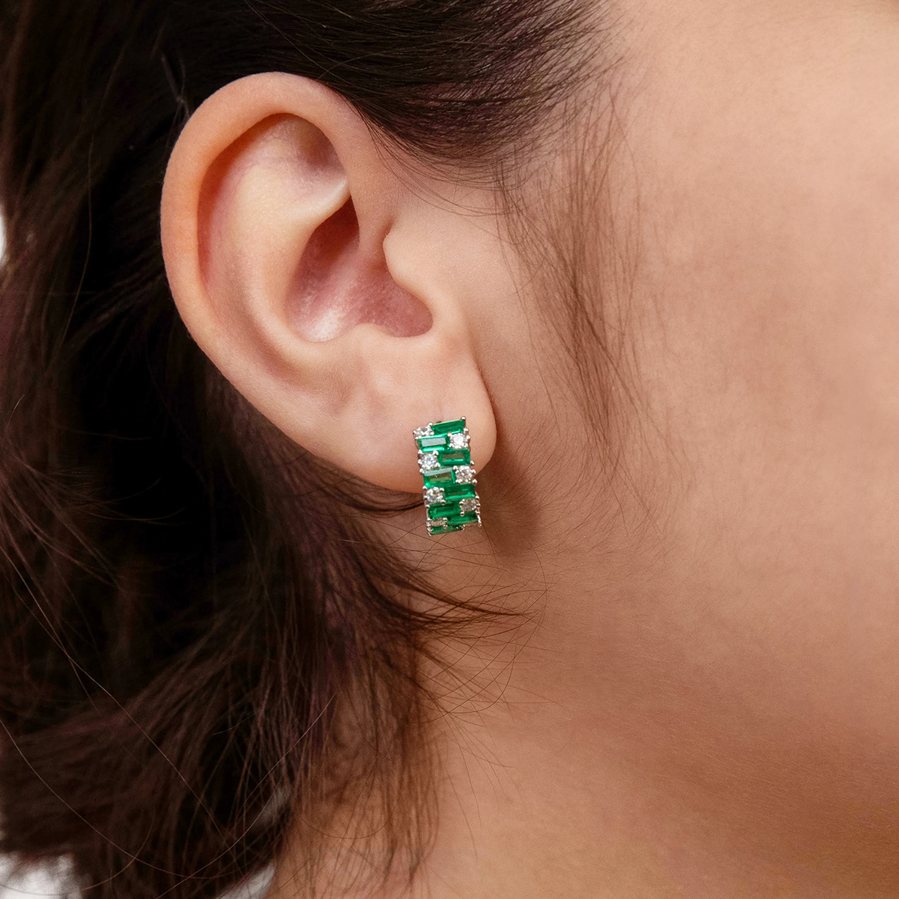 Sterling Silver Rhodium Plated Emerald Green And White Cubic Zirconia Hoop Earrings - Image 2