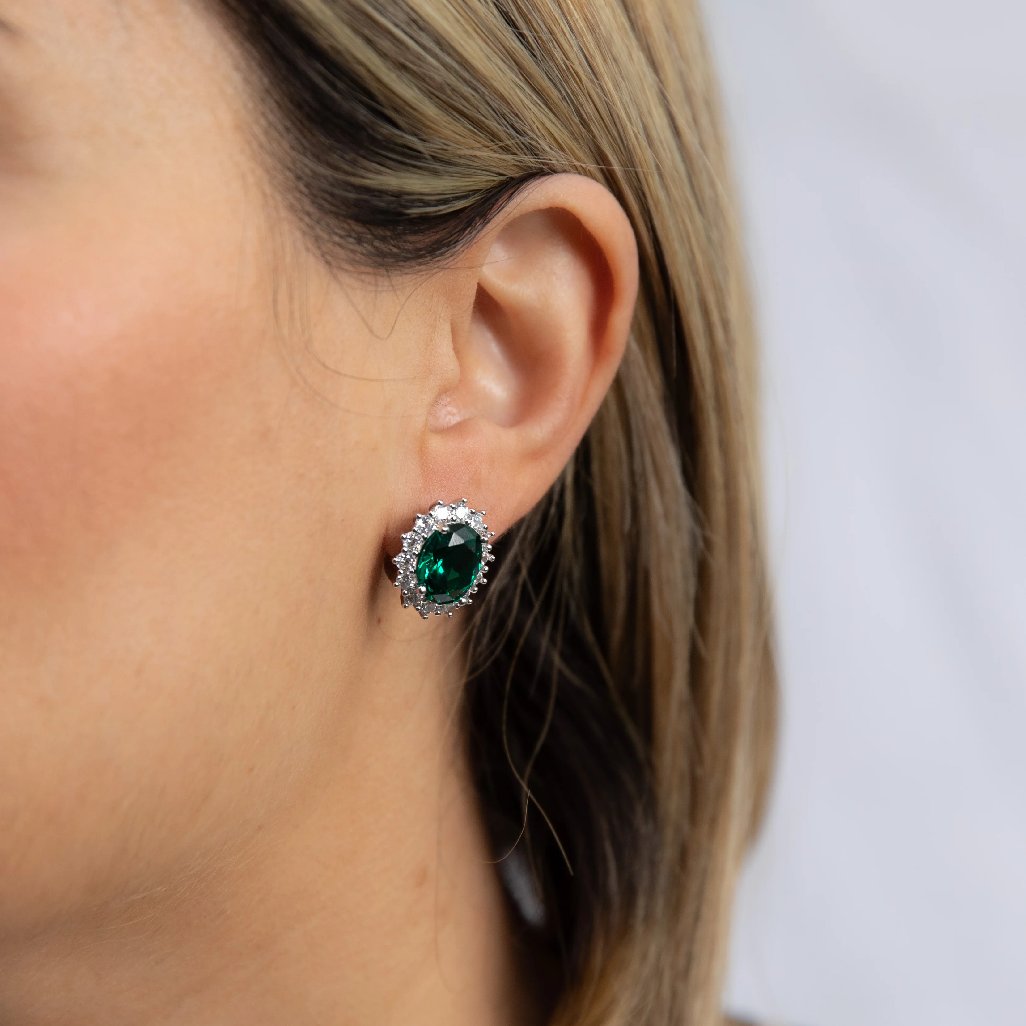 Sterling Silver Rhodium Plated Emerald-Green Cubic Zirconia Oval Earrings - Image 2