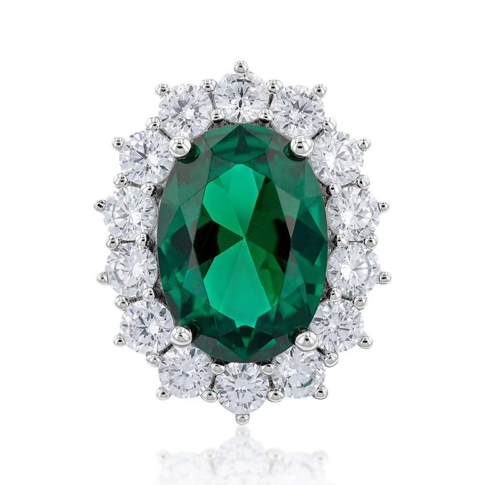 Sterling Silver Rhodium Plated  Emerald-Green Cubic Zirconia Oval Ring - Image 3