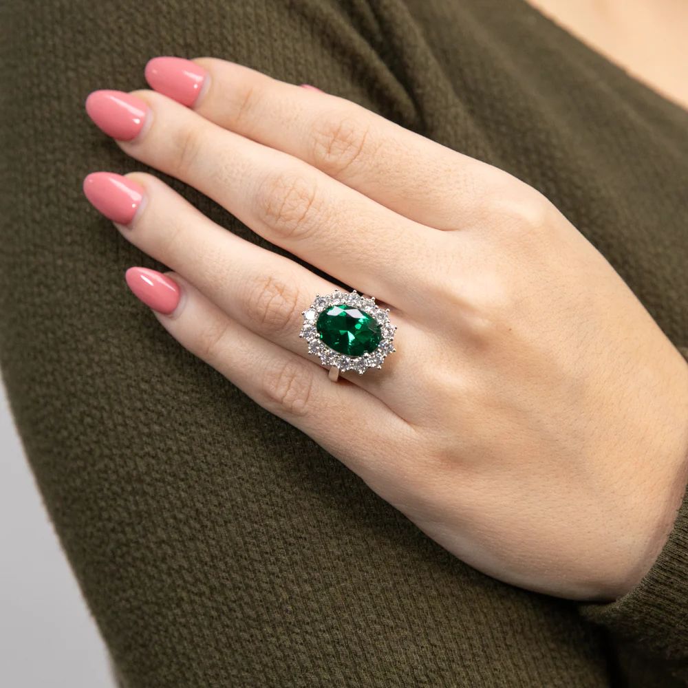 Sterling Silver Rhodium Plated  Emerald-Green Cubic Zirconia Oval Ring - Image 4