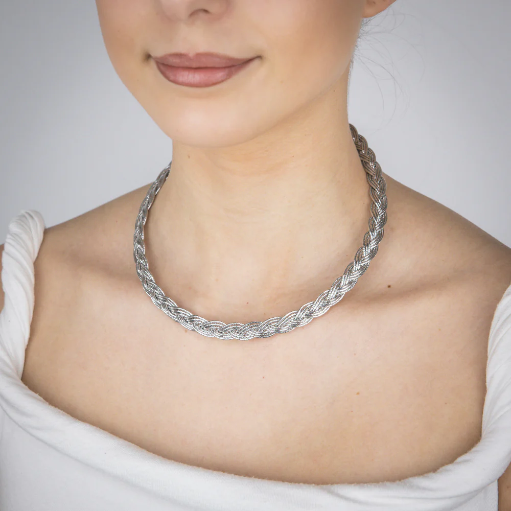 Sterling Silver Rhodium Plated Fancy Braided Broad 45cm Chain - Image 3