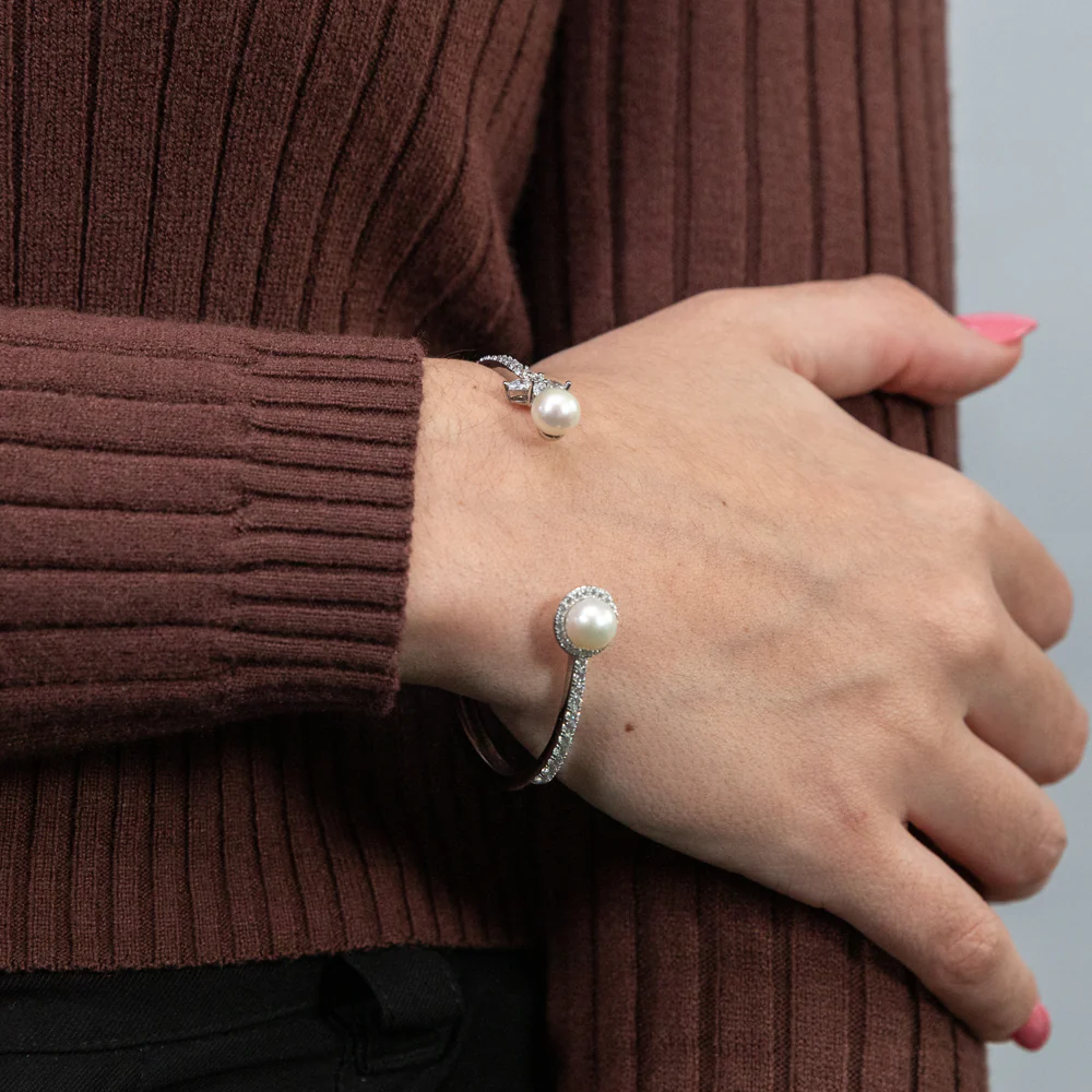 Sterling Silver Rhodium Plated Fresh Water Pearl And Cubic Zirconia Open Bangle - Image 4
