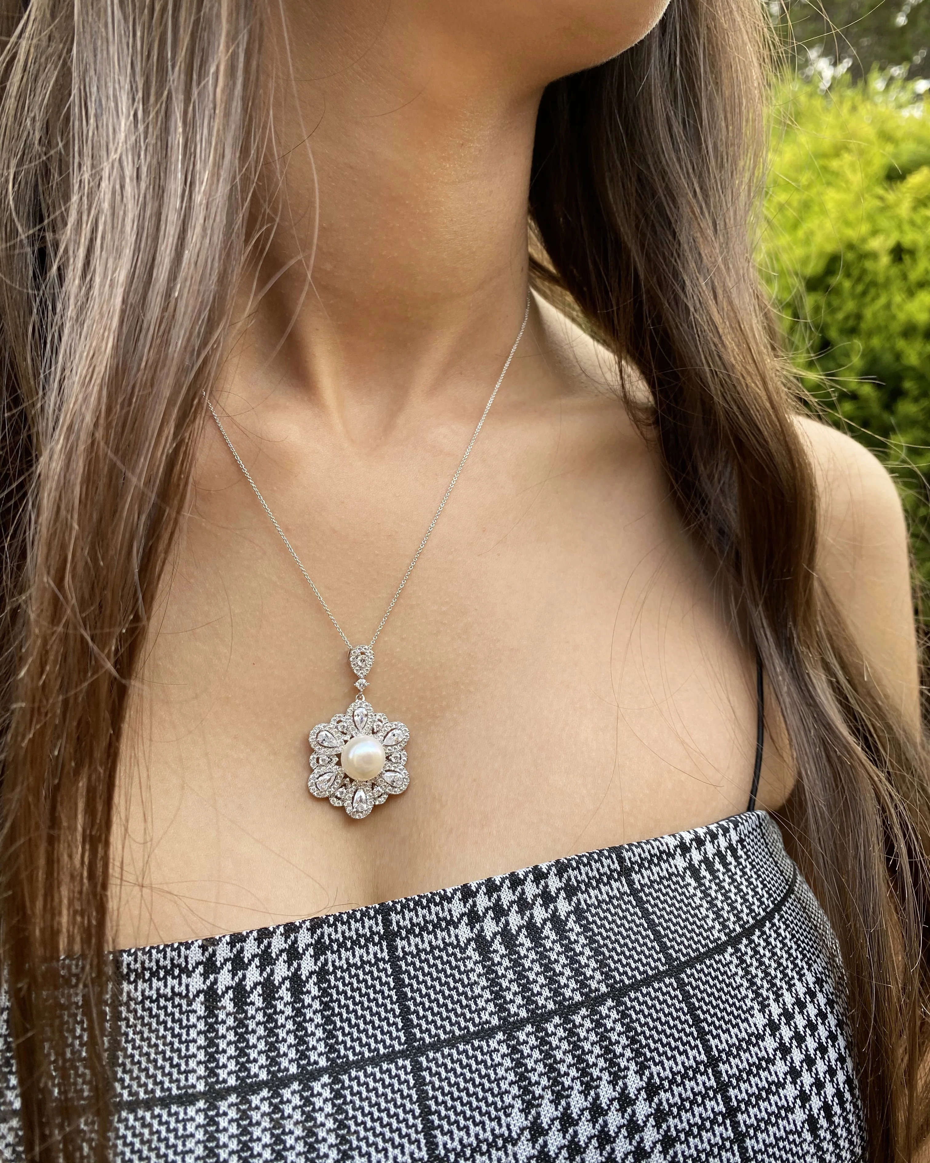 Sterling Silver Rhodium Plated Freshwater Pearl and Zirconia Pendant - Image 3