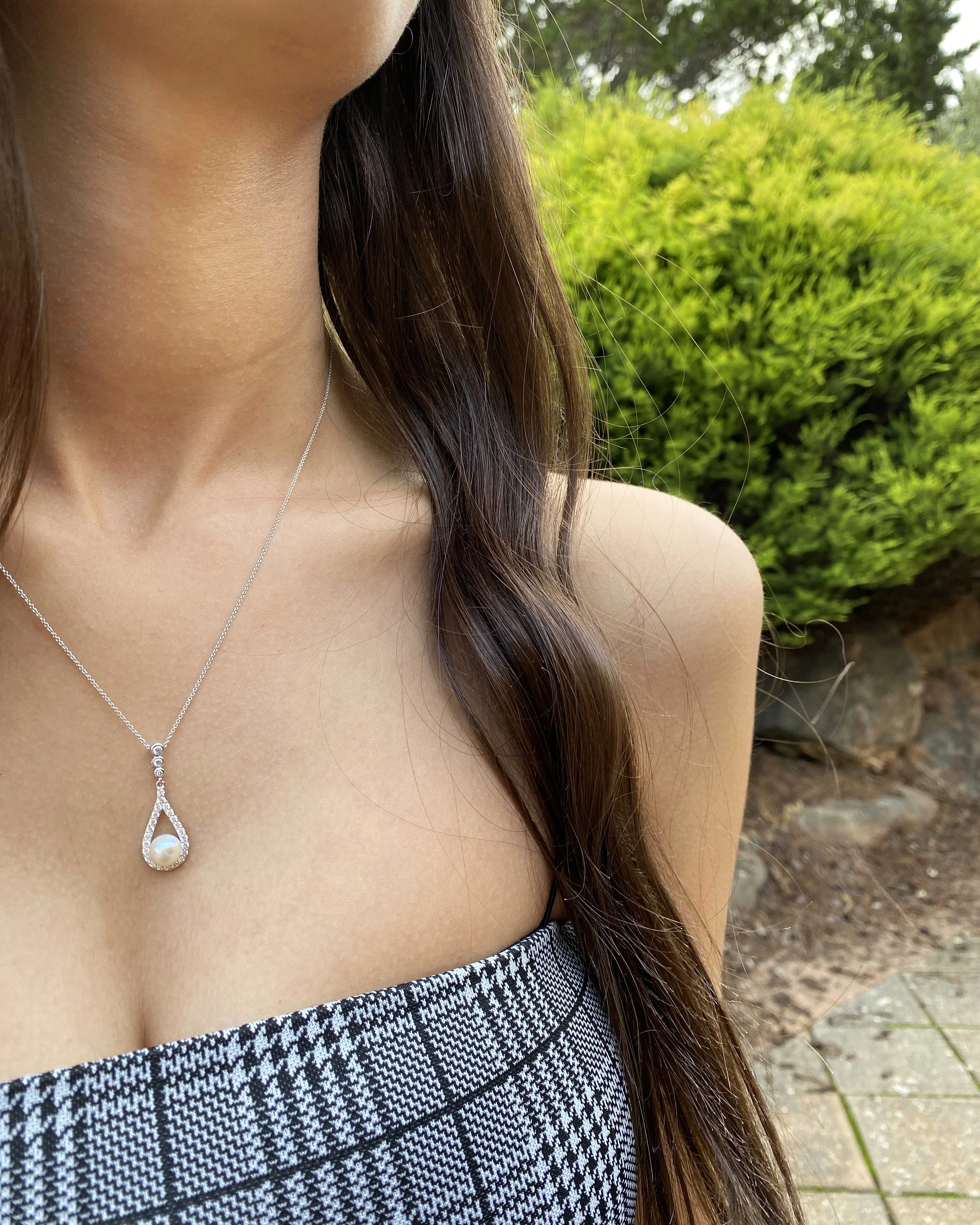 Sterling Silver Rhodium Plated Freshwater Pearl and Zirconia Teardrop Pendant - Image 3