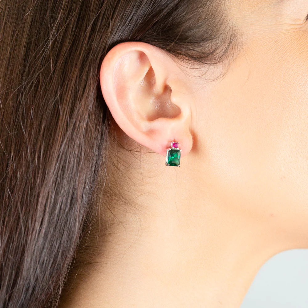 Sterling Silver Rhodium Plated Green And Pink Cubic Zirconia Stud Earrings - Image 2