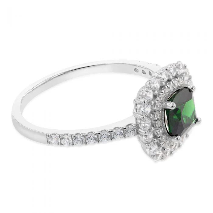 Sterling Silver Rhodium Plated Green And White Cubic Zirconia Cushion Ring - Image 2