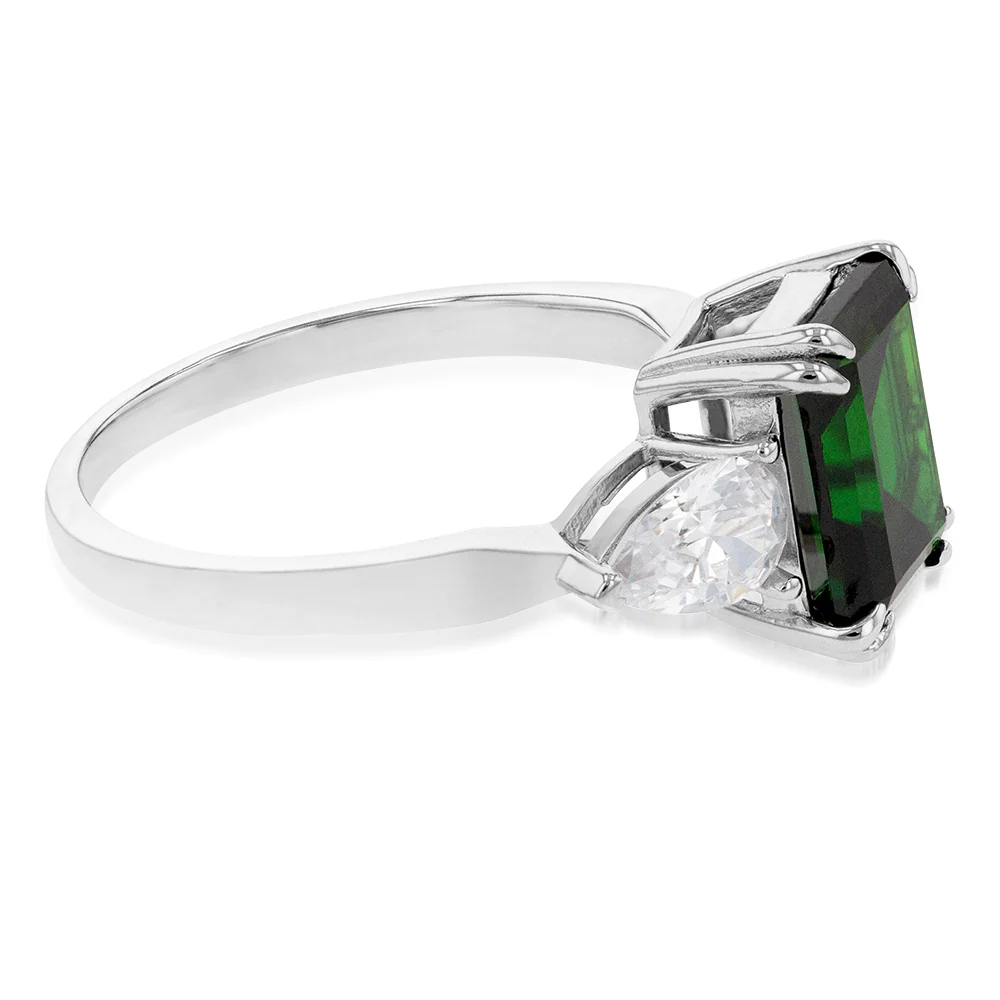 Sterling Silver Rhodium Plated Green And White Cubic Zirconia Emerald Cut Ring - Image 2