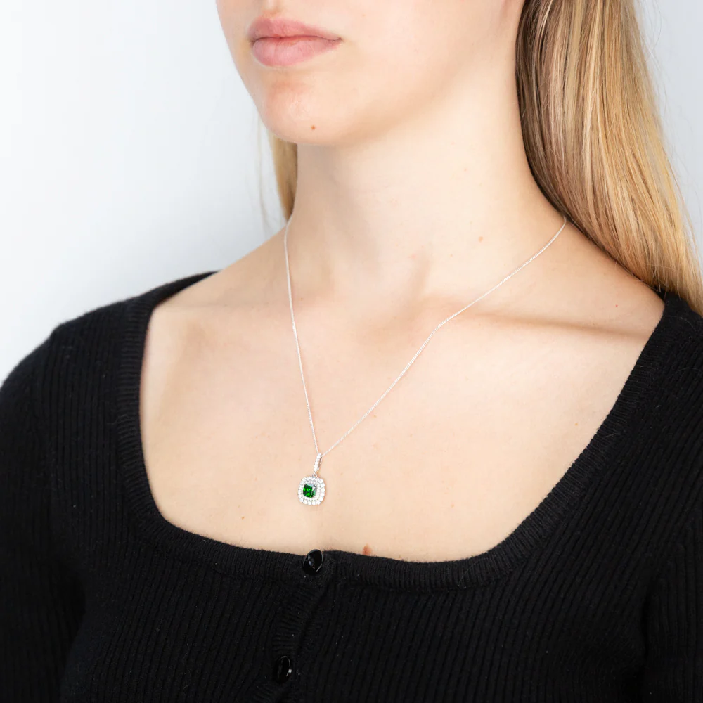 Sterling Silver Rhodium Plated Green And White Cushion Pendant - Image 2