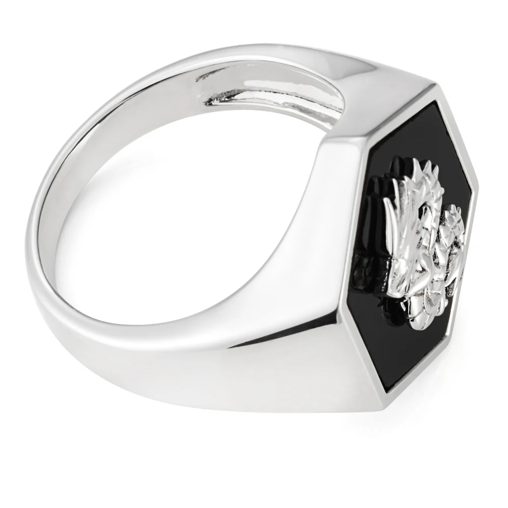 Sterling Silver Rhodium Plated Hexagonal Onyx Dragon Ring - Image 2