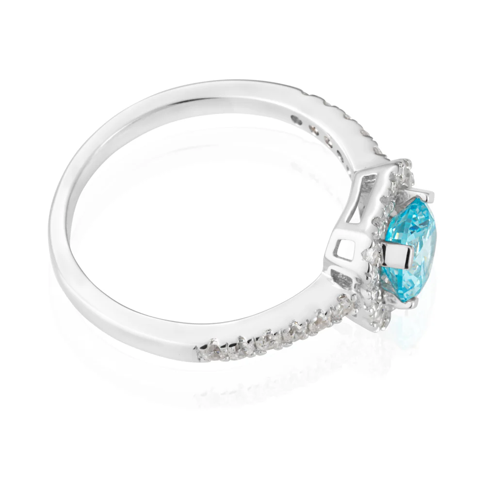 Sterling Silver Rhodium Plated Light Blue Zirconia Asscher Cut Halo Ring - Image 2