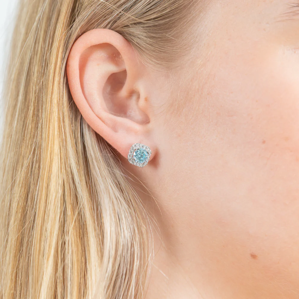 Sterling Silver Rhodium Plated Light Blue Zirconia Round Cut Halo Stud Earrings - Image 2