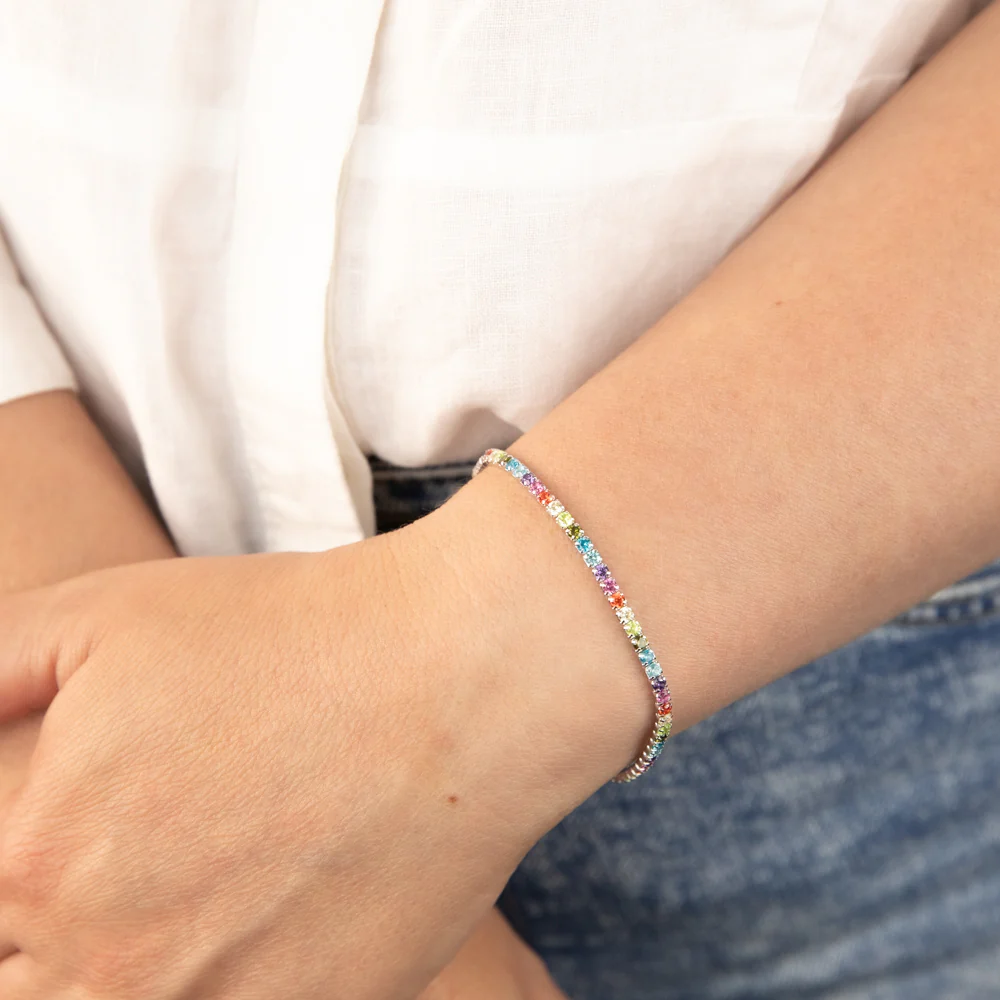 Sterling Silver Rhodium Plated Multicolour Round Zirconia 16.5+3cm Tennis Bracelet - Image 3