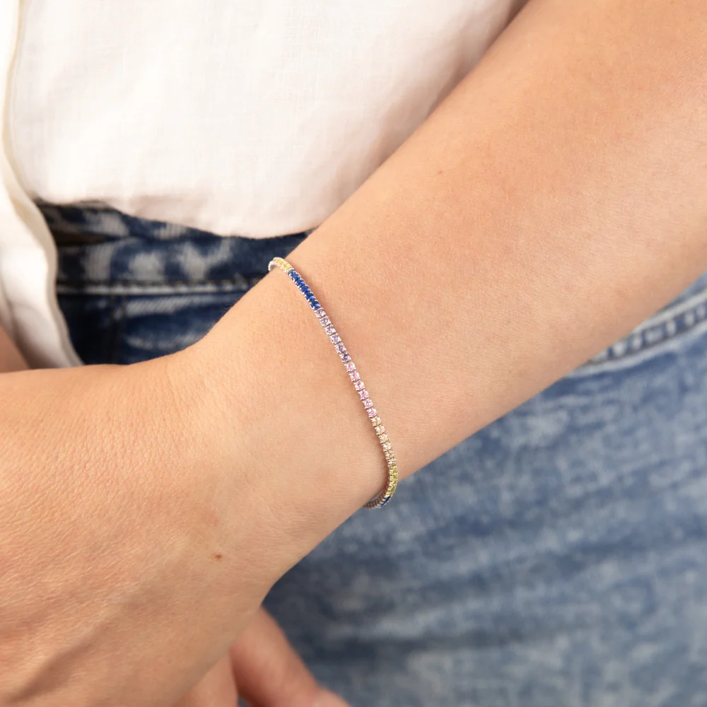 Sterling Silver Rhodium Plated Multicolour Round Zirconia 16.5+3cm Tennis Bracelet - Image 3