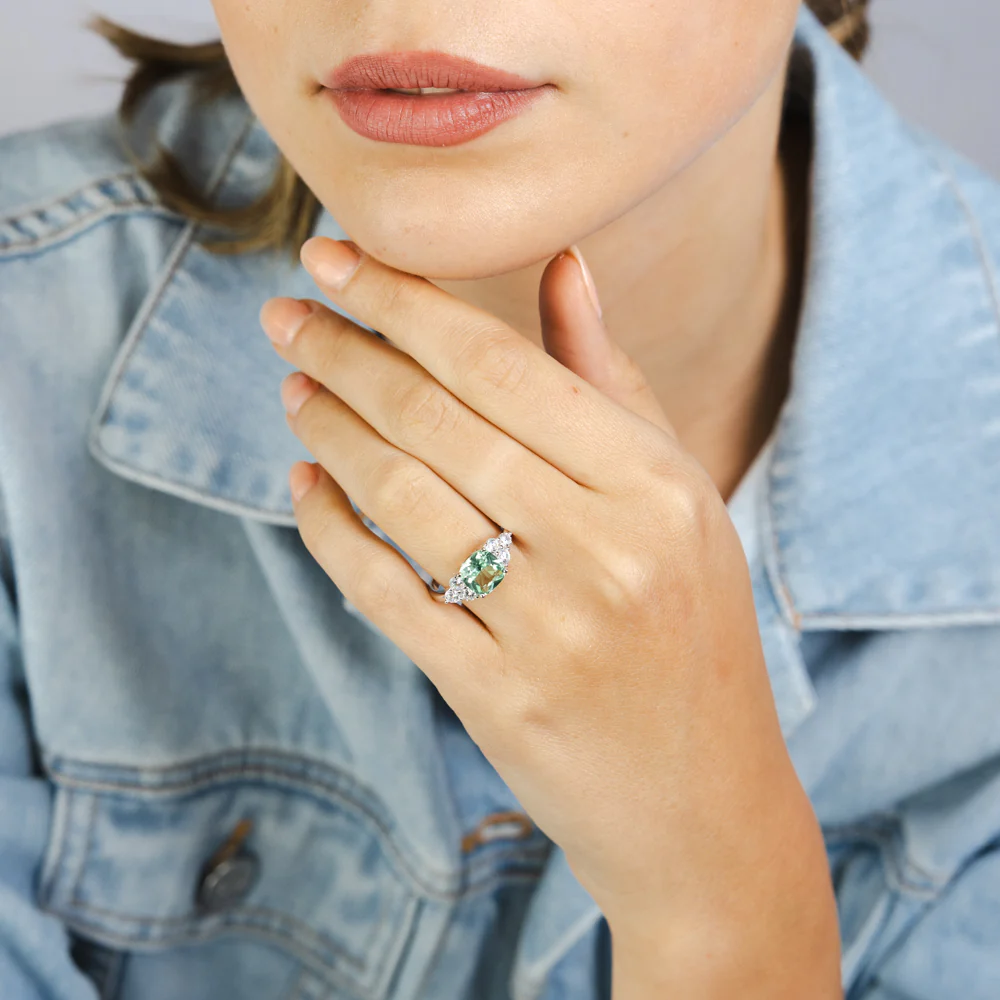 Sterling Silver Rhodium Plated Nano Green And White Cubic Zirconia Fancy Ring - Image 3