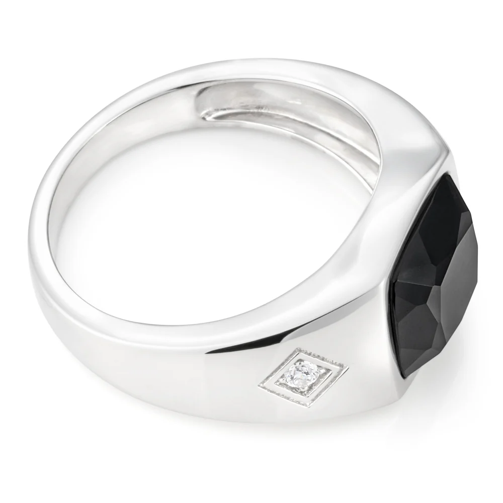 Sterling Silver Rhodium Plated Onyx and Zirconia Square Gents Ring - Image 2