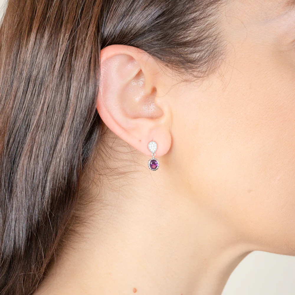 Sterling Silver Rhodium Plated Oval Created Amethyst And White CZ Drop Earrings - Image 2