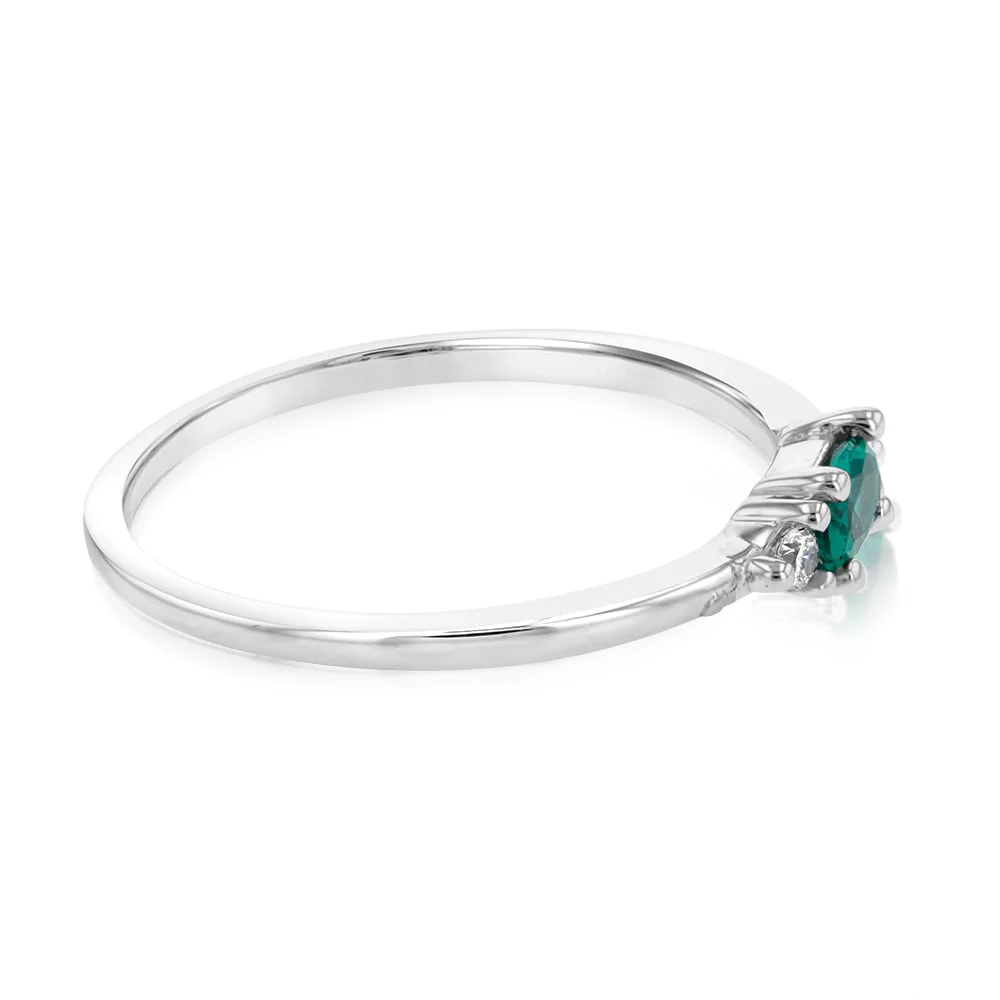 Sterling Silver Rhodium Plated Oval Created Emerald And White CZ Emerald Ring - Image 2