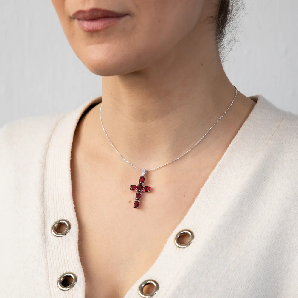 Sterling Silver Rhodium Plated Oval Red Stone Cross Pendant - Image 2