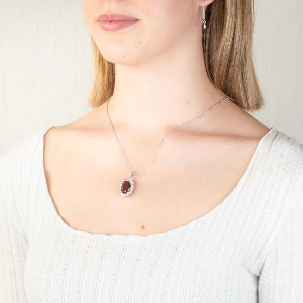 Sterling Silver Rhodium Plated Oval Red Stone Cubic Zirconia Pendant With 45cm Chain - Image 2