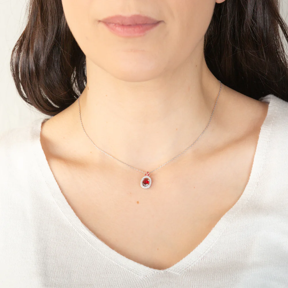 Sterling Silver Rhodium Plated Oval Red Stone White Cubic Zirconia With 45cm Chain - Image 2