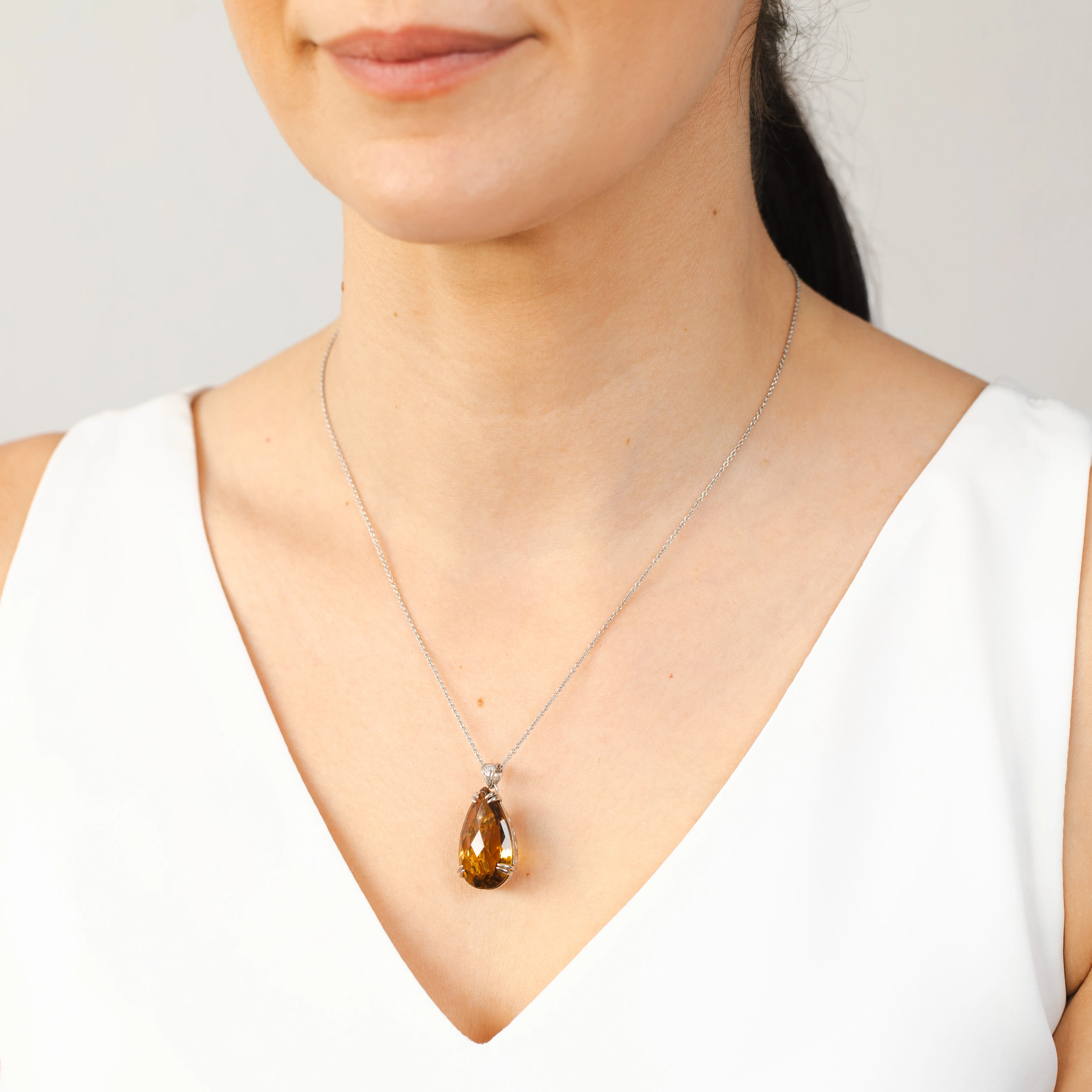 Sterling Silver Rhodium Plated Pear Checkerboard Citrine Pendant On 45cm Chain - Image 2