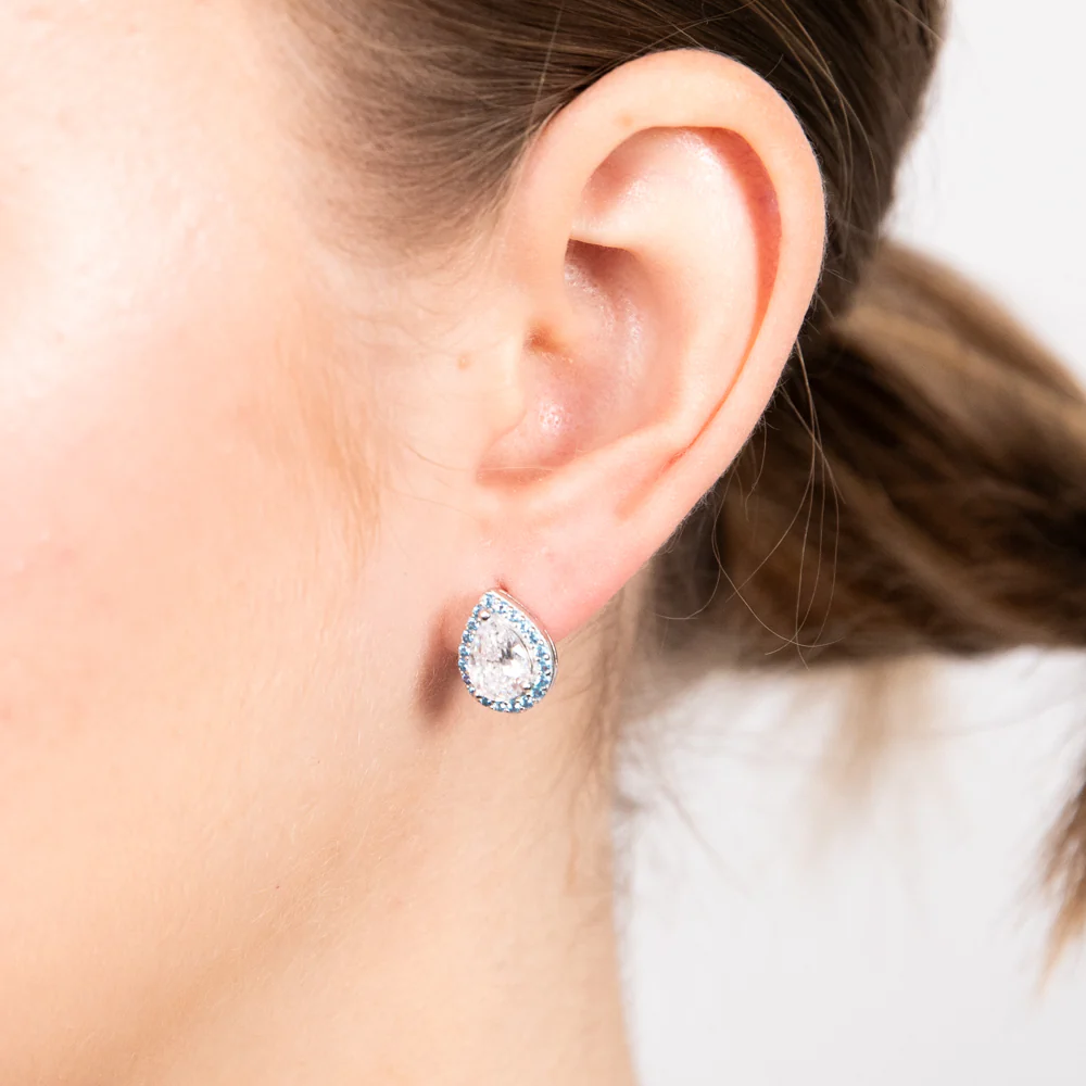 Sterling Silver Rhodium Plated Pear Shaped Blue And White Zirconia Stud Earrings - Image 2