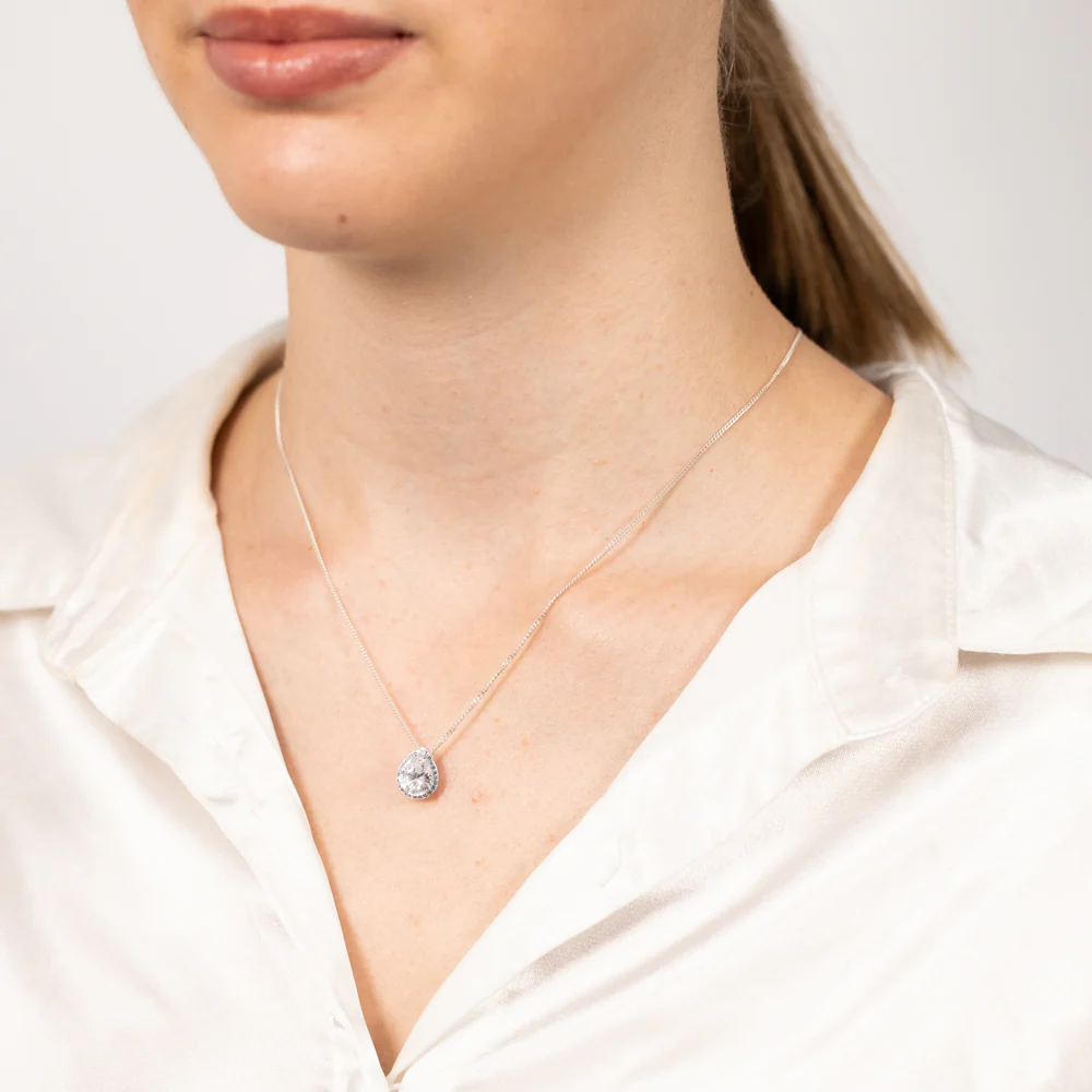 Sterling Silver Rhodium Plated Pear Shaped Light Blue And White Zirconia Pendant - Image 2