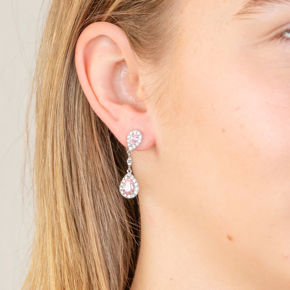 Sterling Silver Rhodium Plated Pink And White Cubic Zirconia Pear Drop Earrings - Image 2
