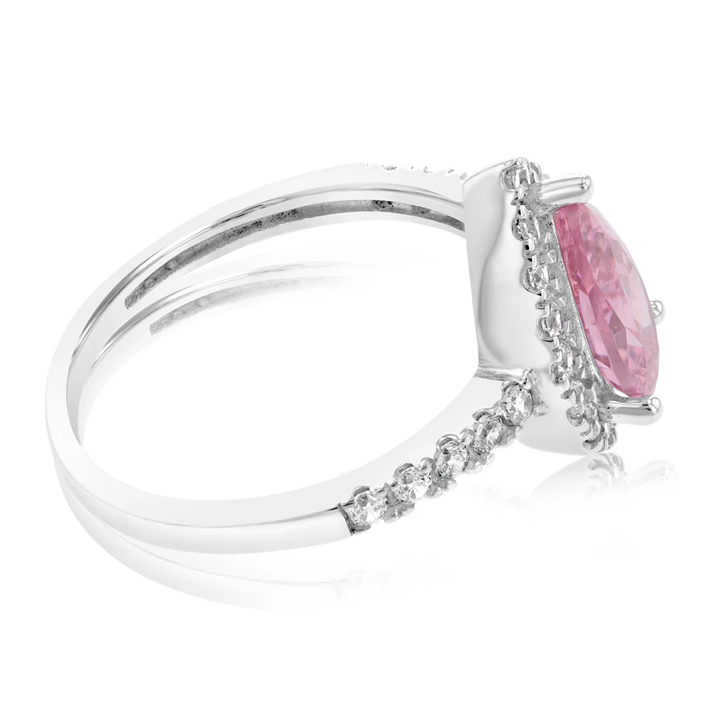 Sterling Silver Rhodium Plated Pink Cubic Zirconia  Pear Ring - Image 2