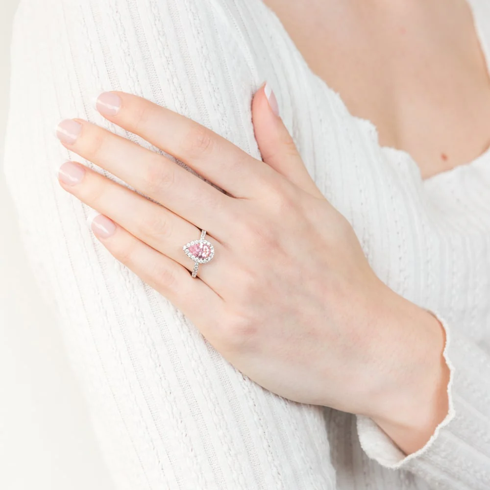 Sterling Silver Rhodium Plated Pink Cubic Zirconia  Pear Ring - Image 3