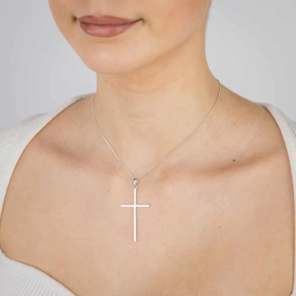 Sterling Silver Rhodium Plated Plain 45mm Cross Pendant - Image 2