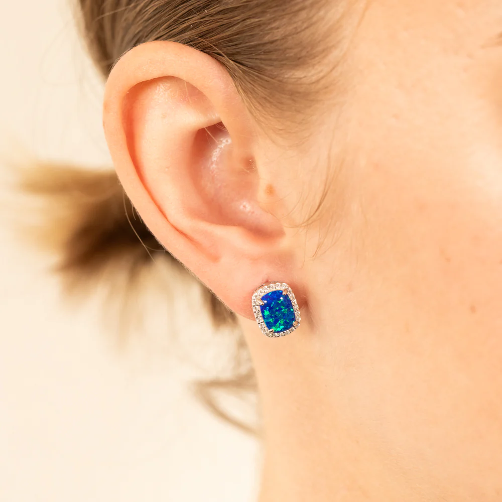 Sterling Silver Rhodium Plated Rectangle Created Blue Opal And Zirconia Stud Earrings - Image 2
