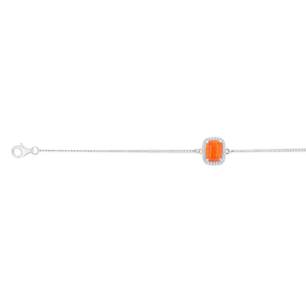 Sterling Silver Rhodium Plated Rectangle Created Orange Opal And White Zirconia 15.5+3cm Bracelet - Image 2