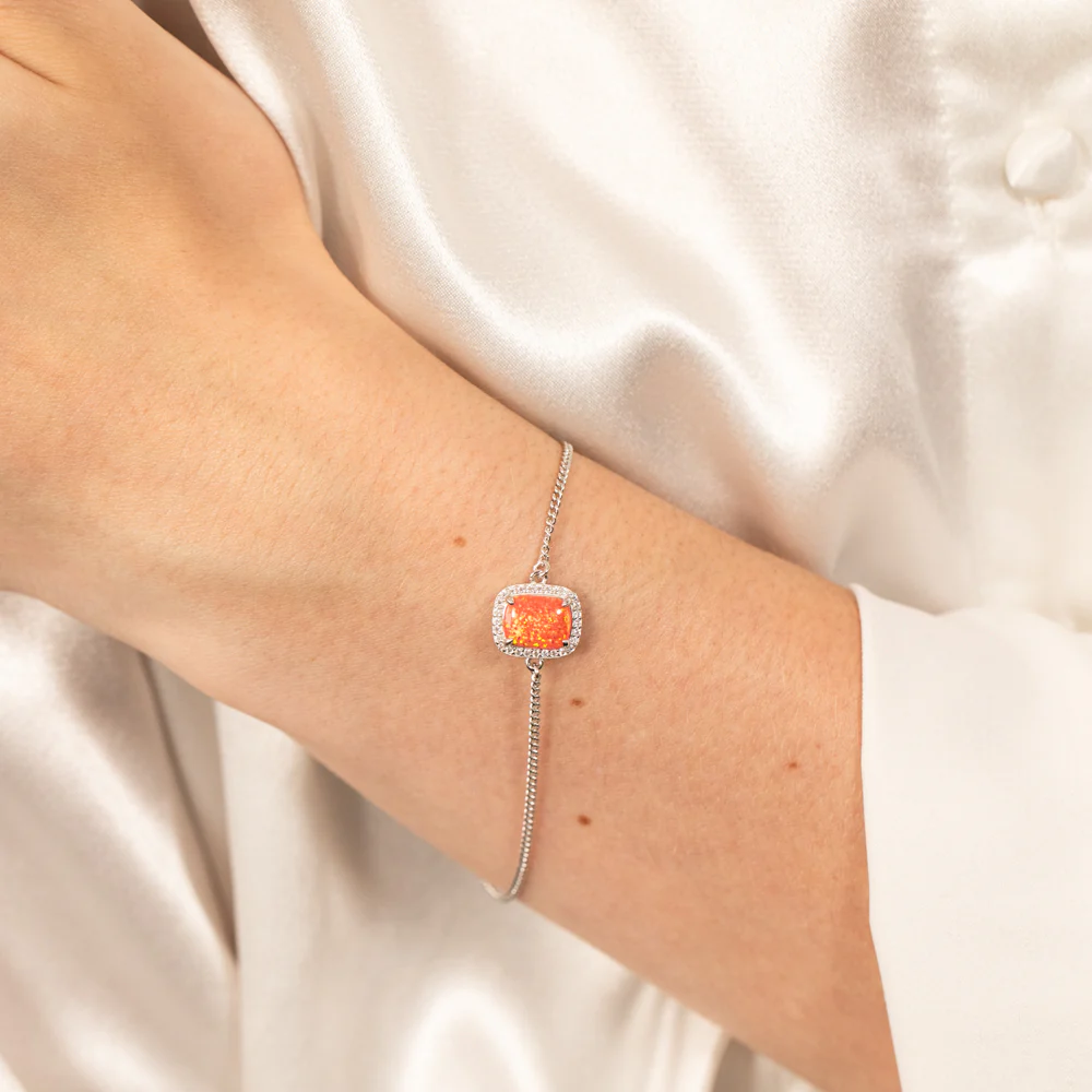 Sterling Silver Rhodium Plated Rectangle Created Orange Opal And White Zirconia 15.5+3cm Bracelet - Image 3