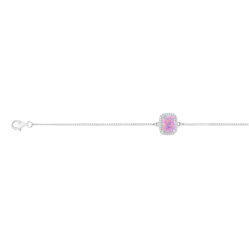 Sterling Silver Rhodium Plated Rectangle Created Purple Opal And White Zirconia 15.5+3cm Bracelet - Image 2