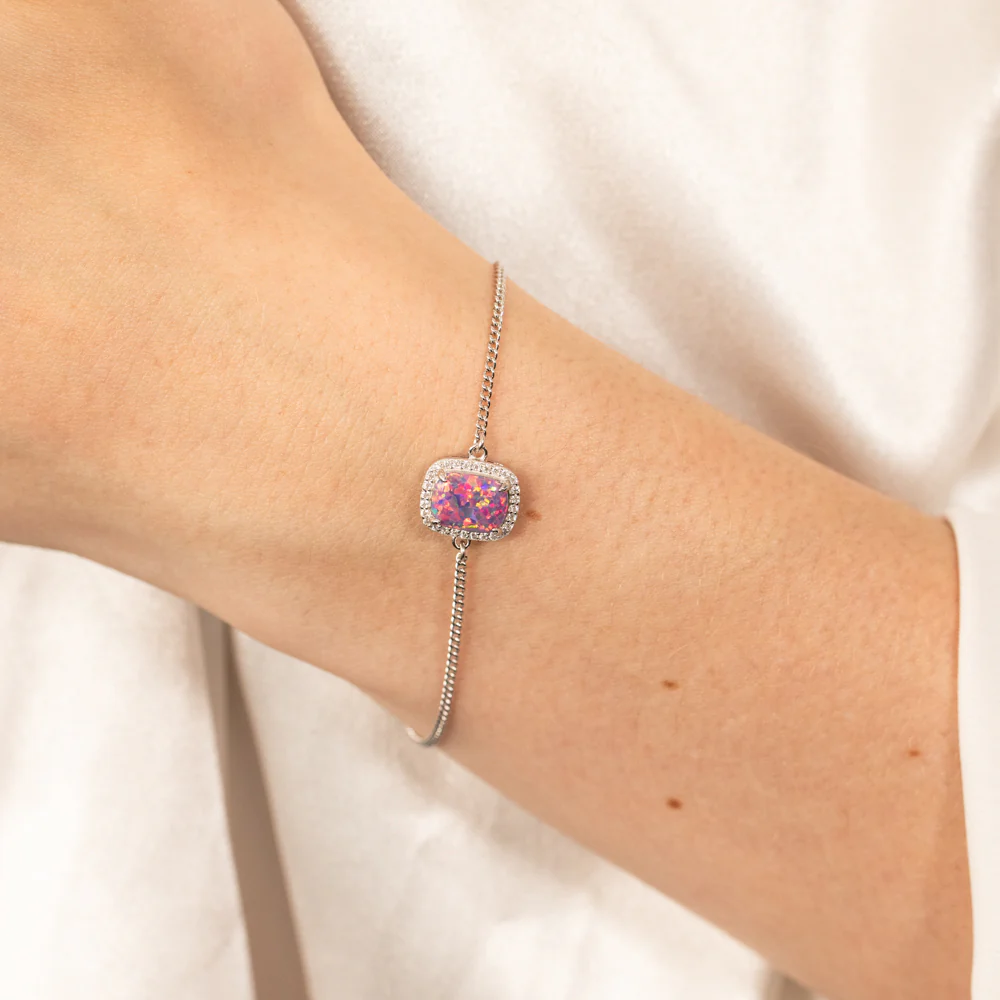 Sterling Silver Rhodium Plated Rectangle Created Purple Opal And White Zirconia 15.5+3cm Bracelet - Image 3