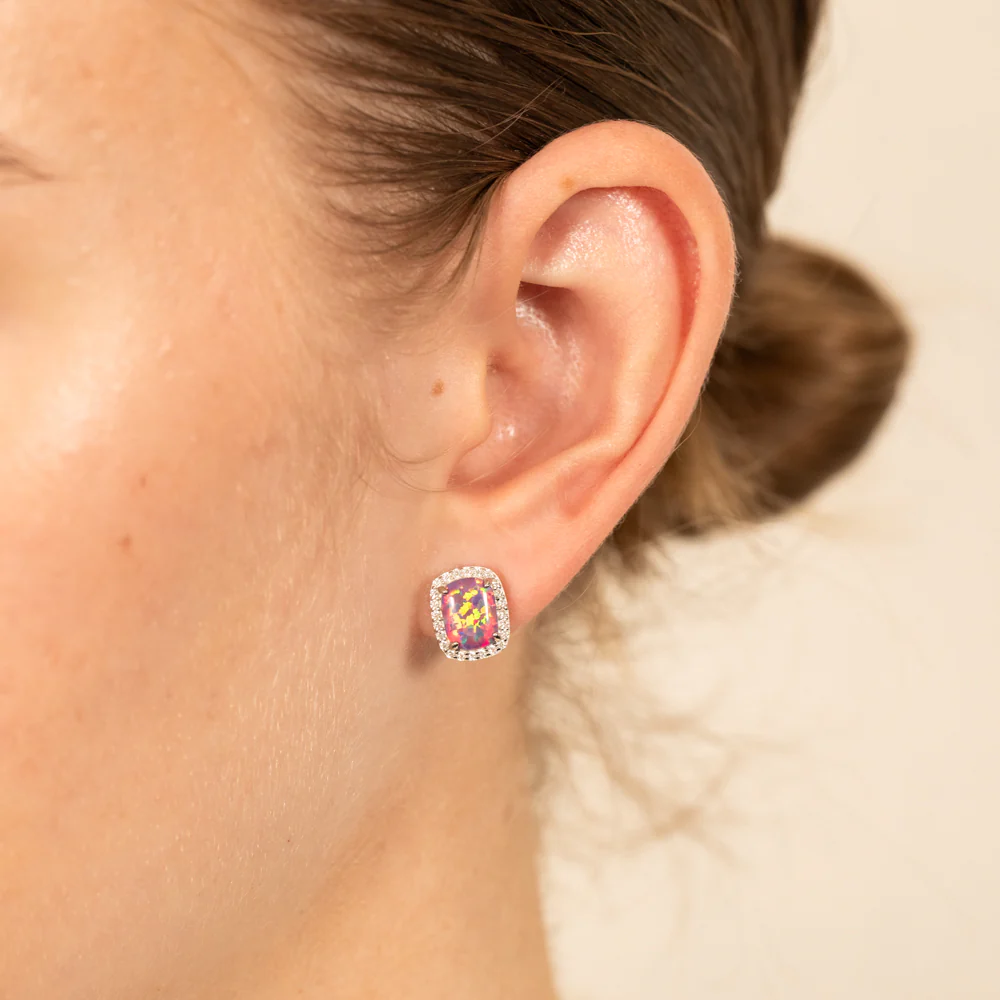Sterling Silver Rhodium Plated Rectangle Created Purple Opal And White Zirconia Halo Stud Earrings - Image 2