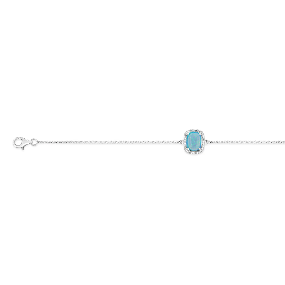 Sterling Silver Rhodium Plated Rectangle Created Turquoise Opal And White Zirconia 15.5+3cm Bracelet - Image 2
