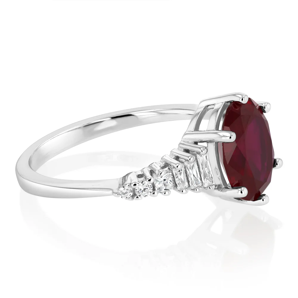 Sterling Silver Rhodium Plated Red Corundum and White Cubic Zirconia Fancy Ring - Image 2