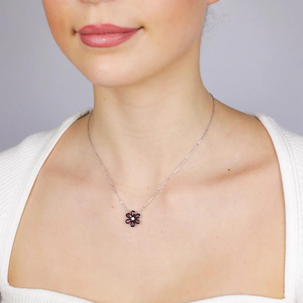 Sterling Silver Rhodium Plated Red Cubic Zirconia Flower Pendant On Chain - Image 2