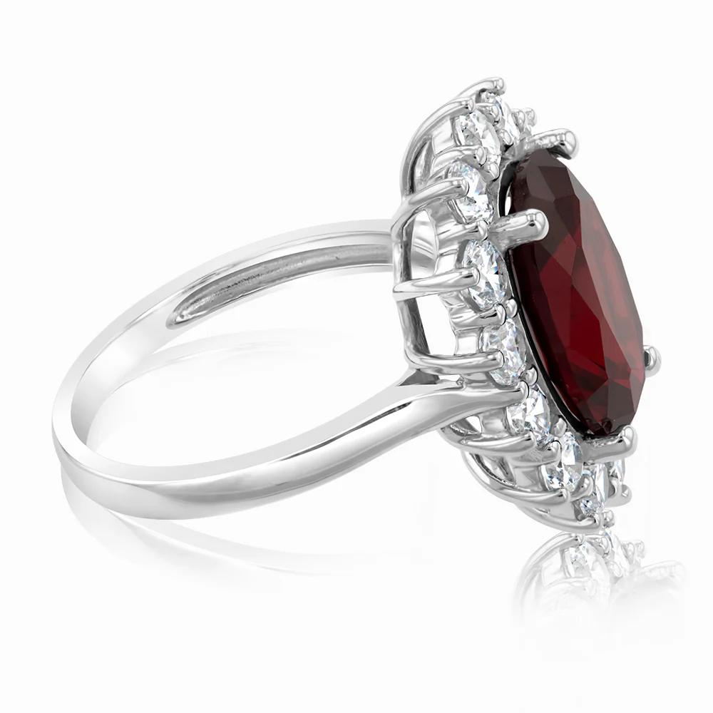 Sterling Silver Rhodium Plated Red Stone And White Cubic Zirconia Ring - Image 2