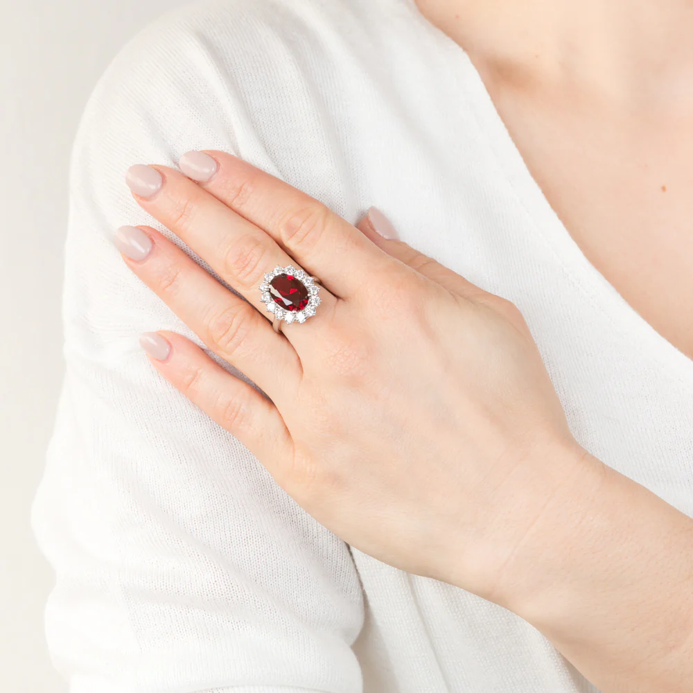 Sterling Silver Rhodium Plated Red Stone And White Cubic Zirconia Ring - Image 3