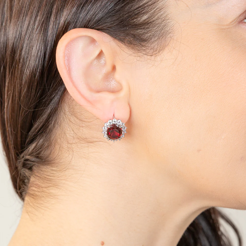 Sterling Silver Rhodium Plated Red Stone And White Cubic Zirconia Studs Earrings - Image 2