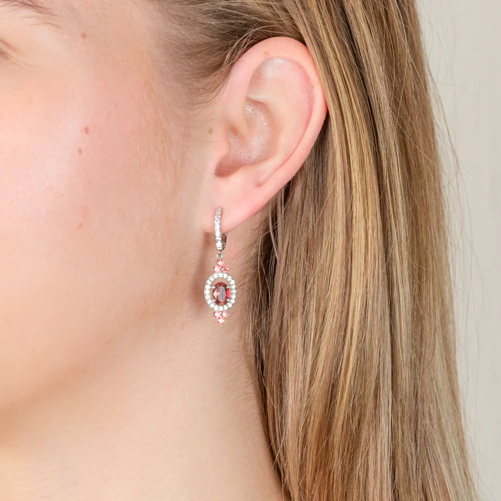 Sterling Silver Rhodium Plated Red Stone White Cubic Zirconia Drop Earrings - Image 2