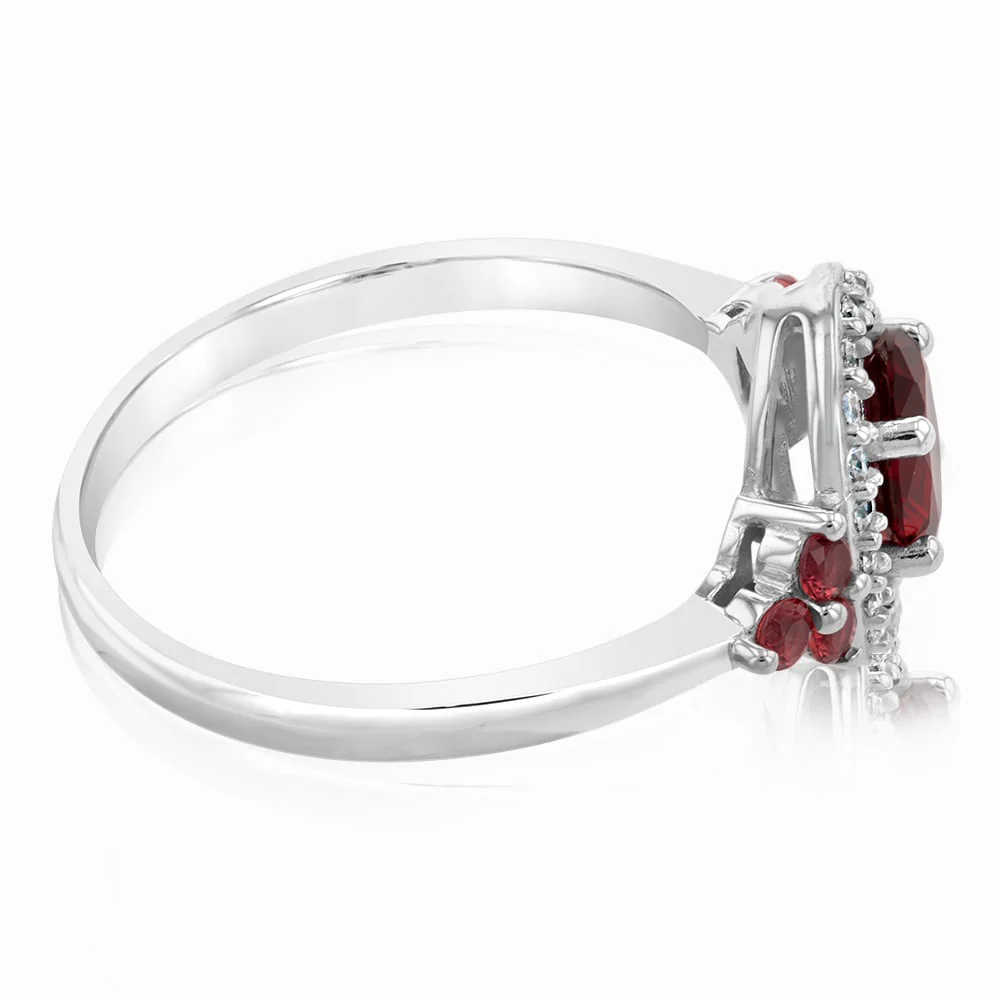 Sterling Silver Rhodium Plated Red Stone White Cubic Zirconia Ring - Image 2