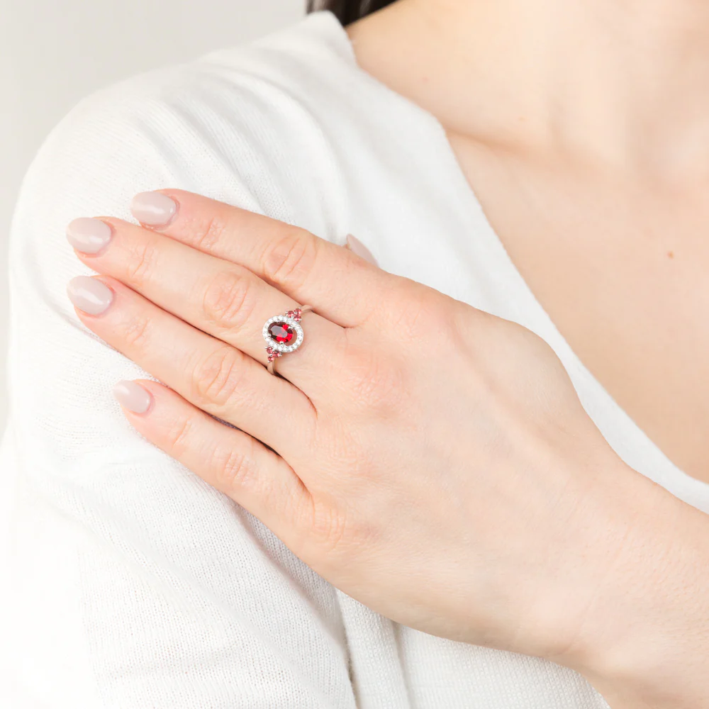 Sterling Silver Rhodium Plated Red Stone White Cubic Zirconia Ring - Image 3